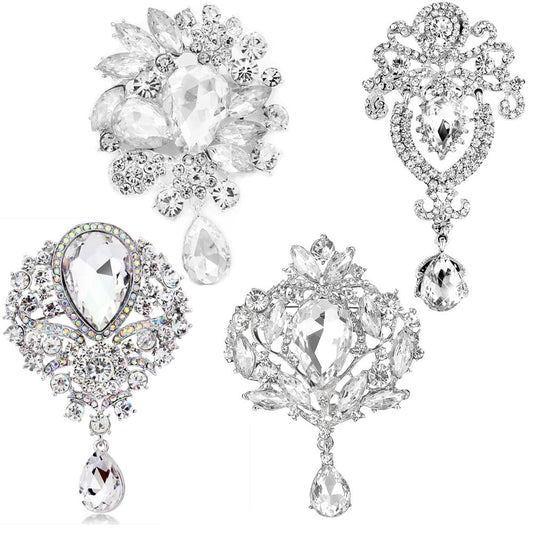 Ezing 4 Pieces Lot Large Big Silver Gold Plated Assorted Crystal Rhinestones Brooch Pins Set (B)