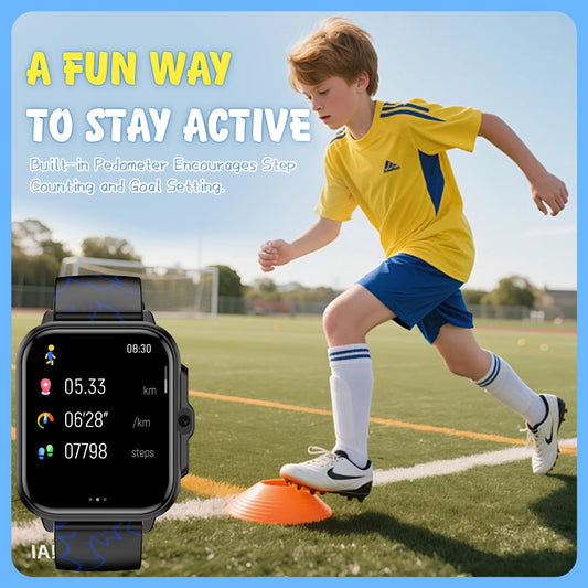 Smart Watch for Kids,1.85" Fitness Tracker,AI,games,Sports,Sleep Monitor,Camera,Videos,Alarm Play Music Flashlight Pedometer Stopwatch Pedometer IP68 Waterproof Gift for Boys and Girls (Black)