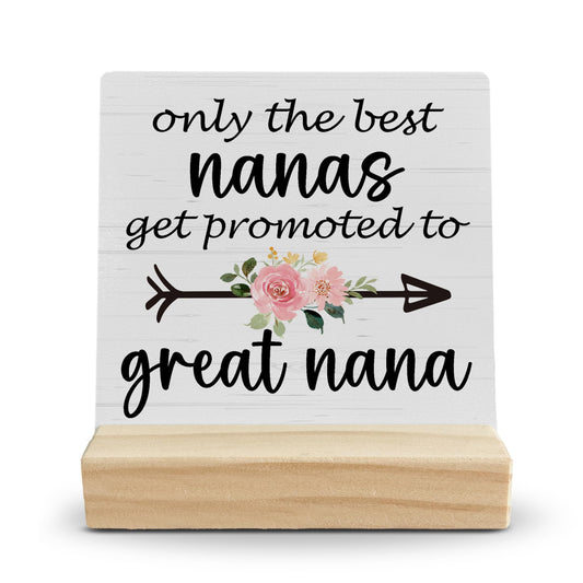 FUGWN Great Nana Gifts Desk Decor, Pregnancy Announcement for Grandma Wood Desk Sign, Gifts for Great Nana Grandma, Promoted to Great Nana Wooden Plaque with Wood Stand for Home Table Decor