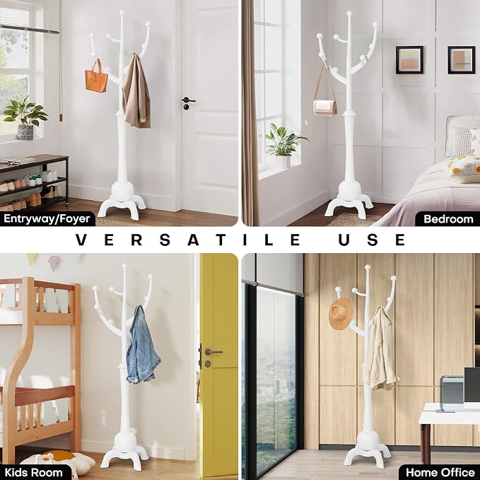 Bekrvio Freestanding Wood Coat Rack with Stable Sphere Base, White | 8 Hooks Tree Branch Design, Heavy Duty Standing Coat Hanger for Entryway, Hallway, Bedroom, Foyer; Hangs Coats, Hats, Bags