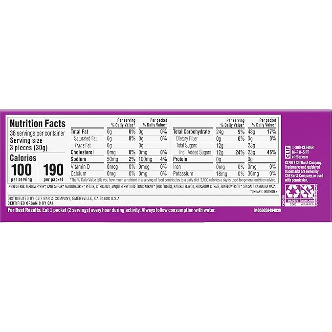CLIF BLOKS - Mountain Berry Flavor - Energy Chews - Non-GMO - Plant Based - Fast Fuel for Cycling and Running - Quick Carbohydrates and Electrolytes - 2.12 oz. (18 Count)