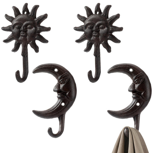 Frienda Cast Iron Hook, 4 Pcs Heavy Duty Vintage Cast Iron Hook Sun Moon Decorative Wall Hooks with Screws Hanging, Antique Decorative Wall Hooks Hanger for Coat, Scarf, Bag, Towel, Key, Cap
