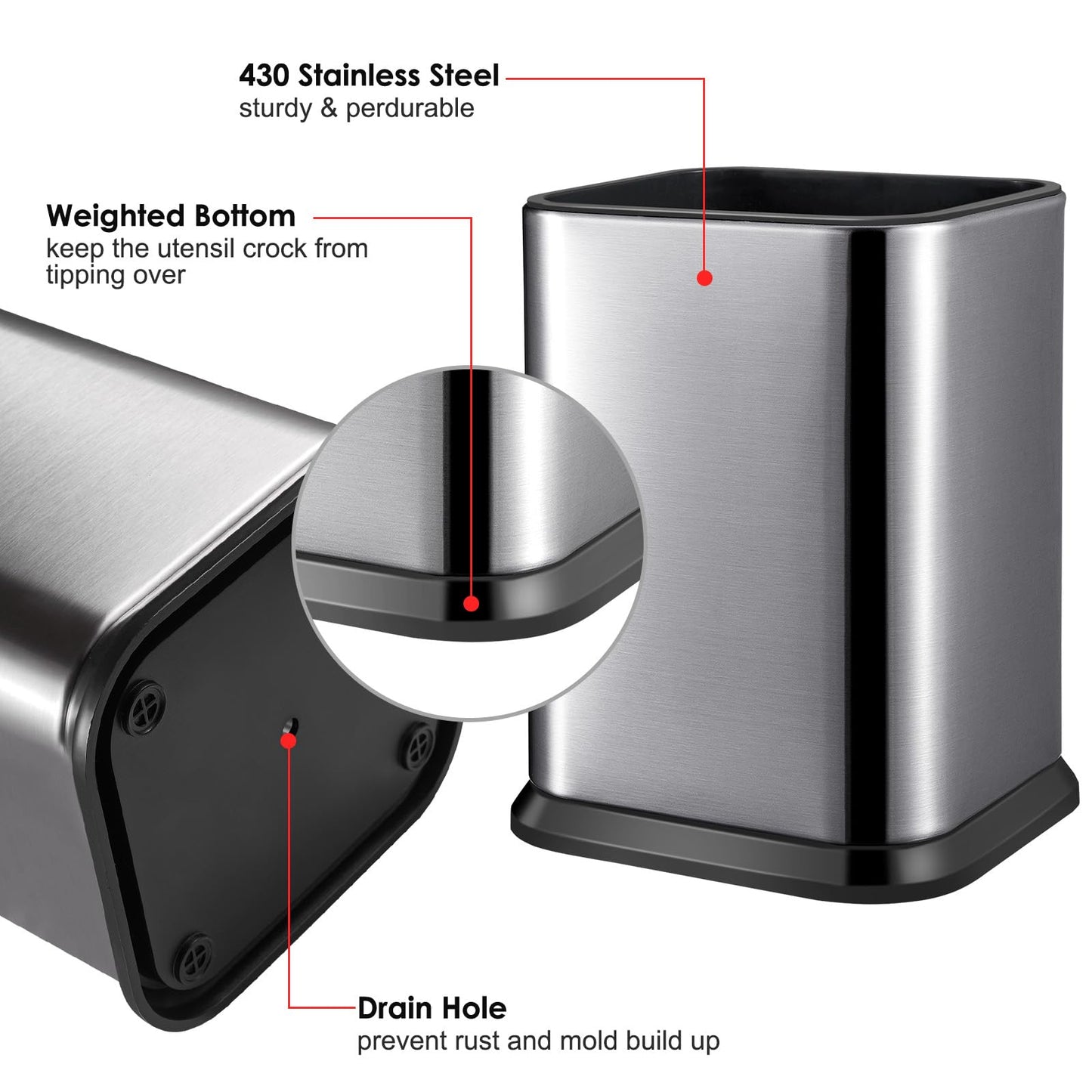 RedCall Stainless Steel Kitchen Utensil Holder for Countertop, Spoon Spatula Organizer,Modern Rectangular Large Cooking Utensil Caddy Counter,Utensil Crock Silver