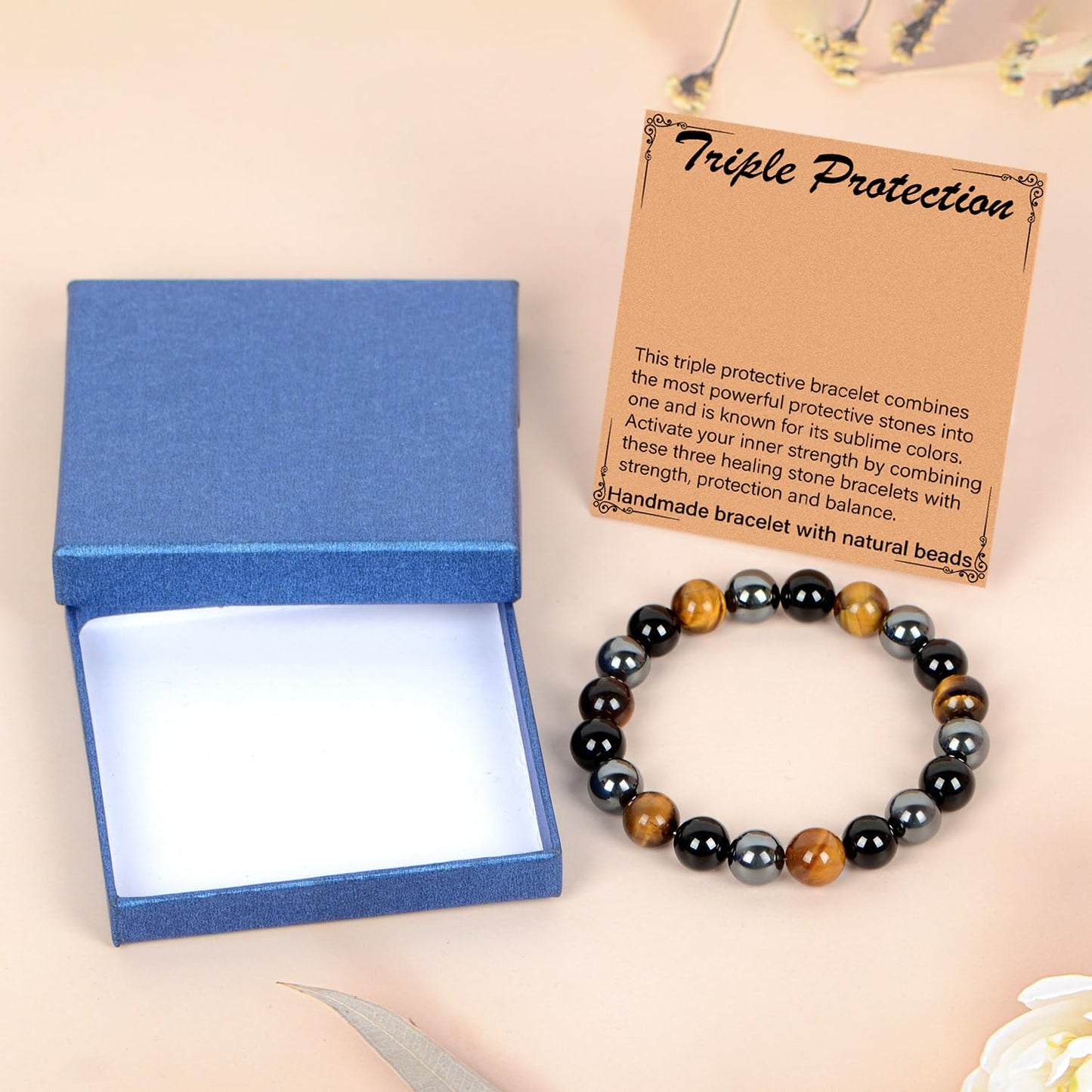 LPBeads Handmade Natural Gemstone Stretch Elastic 10mm Onyx Tiger Hematite Mixed Stone Bracelet Healing Crystal Round Stone Beads Jewelry Gifts for Women Men
