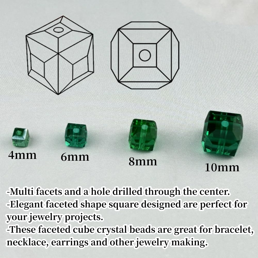 YUEXIGO 200pcs 4mm Cube Crystal Glass Beads for Jewelry Making Faceted Square Crystal Glass Bead Spacer Beads Loose Beads for Bracelet Earring Necklace DIY Craft(Peacock Green)