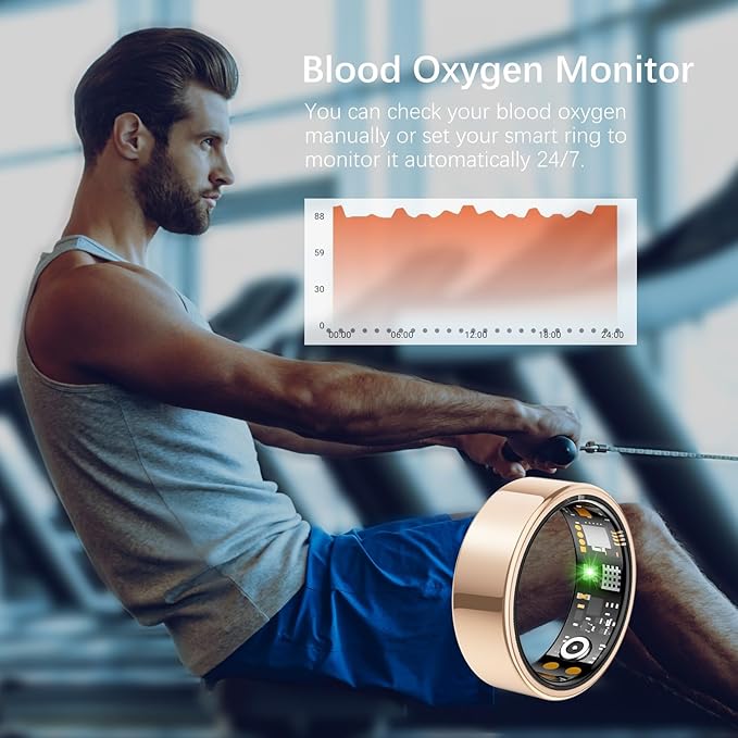 Ring Health Tracker for Women Men, Fit Ring with Heart Rate, Blood Oxygen, Sleep Monitor, Calories, Step Counter, IP68 Waterproof Smart Ring for iPhone & Android, No Subscription Fee (Rose Gold, 10#)