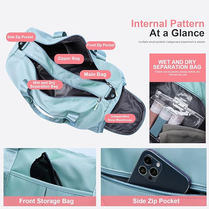 ZGWJ Sports Gym Bag with Wet Pocket & Shoes Compartment, Waterproof Shoulder Weekender Bag for Women and Men Swim Sports Travel Gym Bag Lightweight and easy Carry on Light Blue