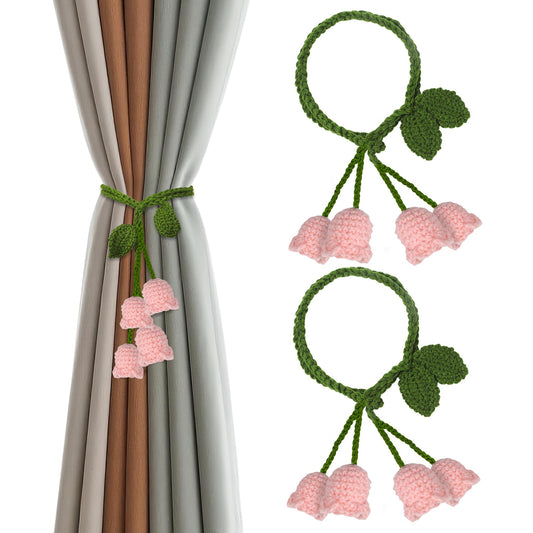 OCIOLI 2 Pack Boho Handmade Flower Curtain Tiebacks Curtain Holdbacks - No Drill Rope Curtain Holder, Drapery Holdback Decorative Pull Backs for Nursery & Bedroom Decor (2, Pink Lily of The Valley)