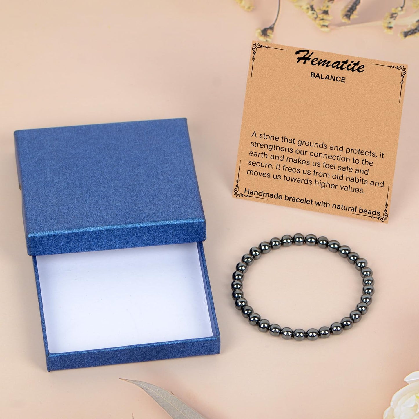 LPBeads Handmade Natural Gemstone Stretch Elastic 6mm Hematite Bracelet Healing Crystal Round Stone Beads Jewelry Gifts for Women Men