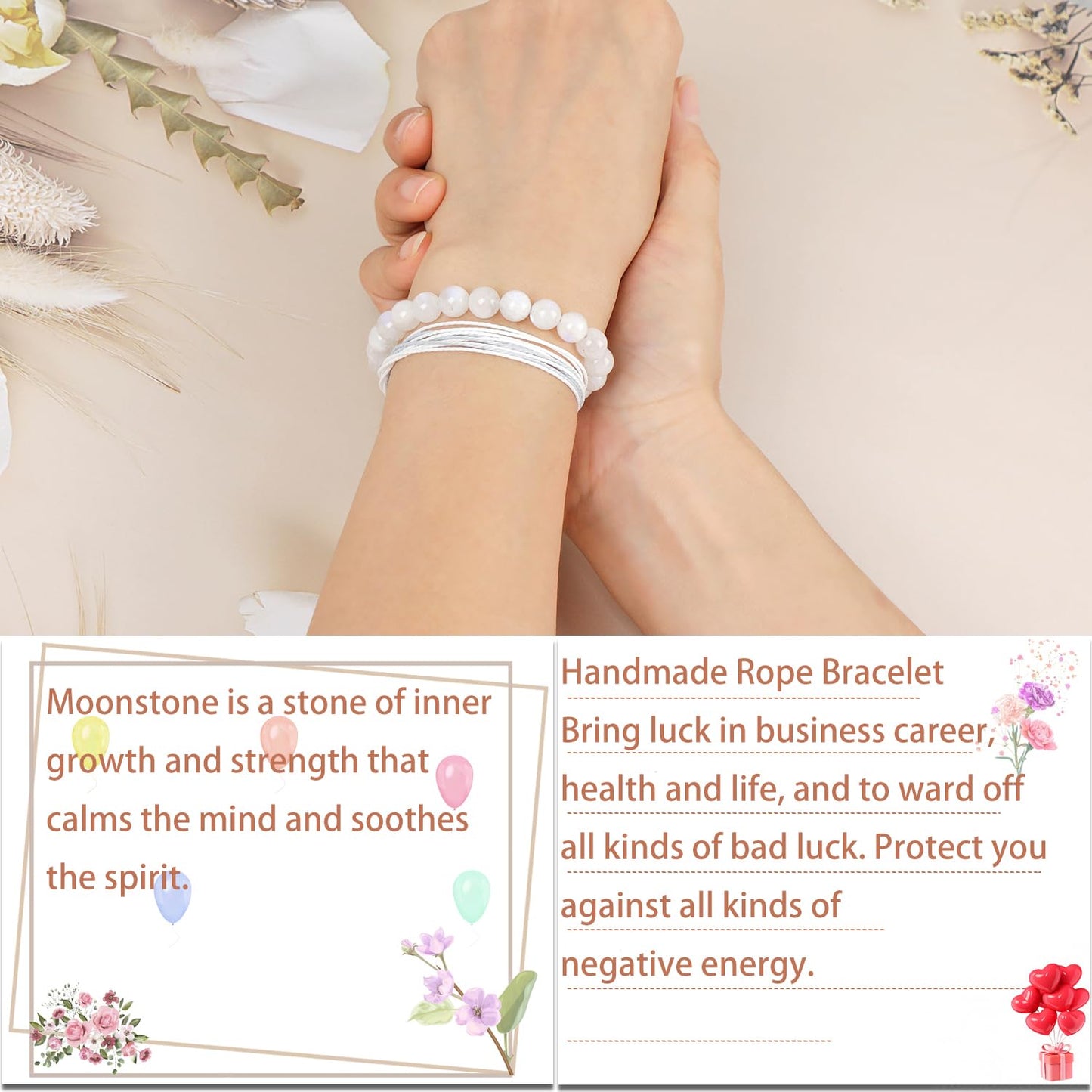 LPBeads 8mm White MoonStone Bracelet with Handmade Rope Bracelet Size Adjustable Natural Stone Crystal Healing Bracelets Gifts for Unisex Adults