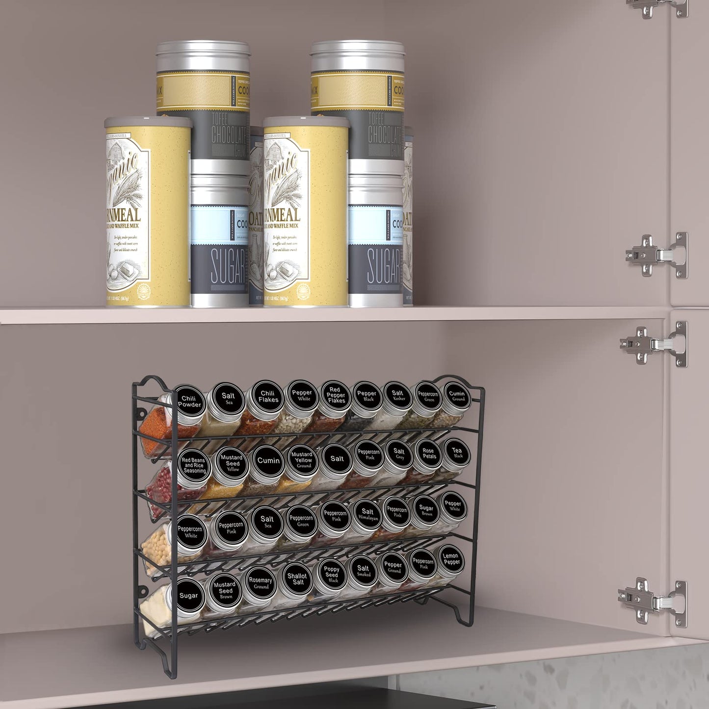 SWOMMOLY Spice Rack Organizer with 36 Empty Square Spice Jars, 396 Spice Labels with Chalk Marker and Funnel Complete Set, for Countertop, Cabinet or Wall Mount, Black