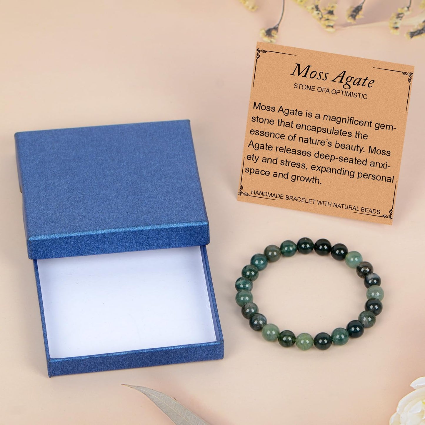 LPBeads Handmade Natural Gemstone Stretch Elastic 8mm Moss Agate Bracelet Healing Crystal Round Stone Beads Jewelry Gifts for Women Men