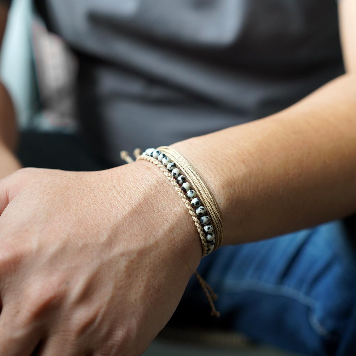 Handmade Natural Stone Beaded Healing Bracelet Gift for Men Adjustable Rope String Bracelet (Dalmatian Stone, Adjustable)