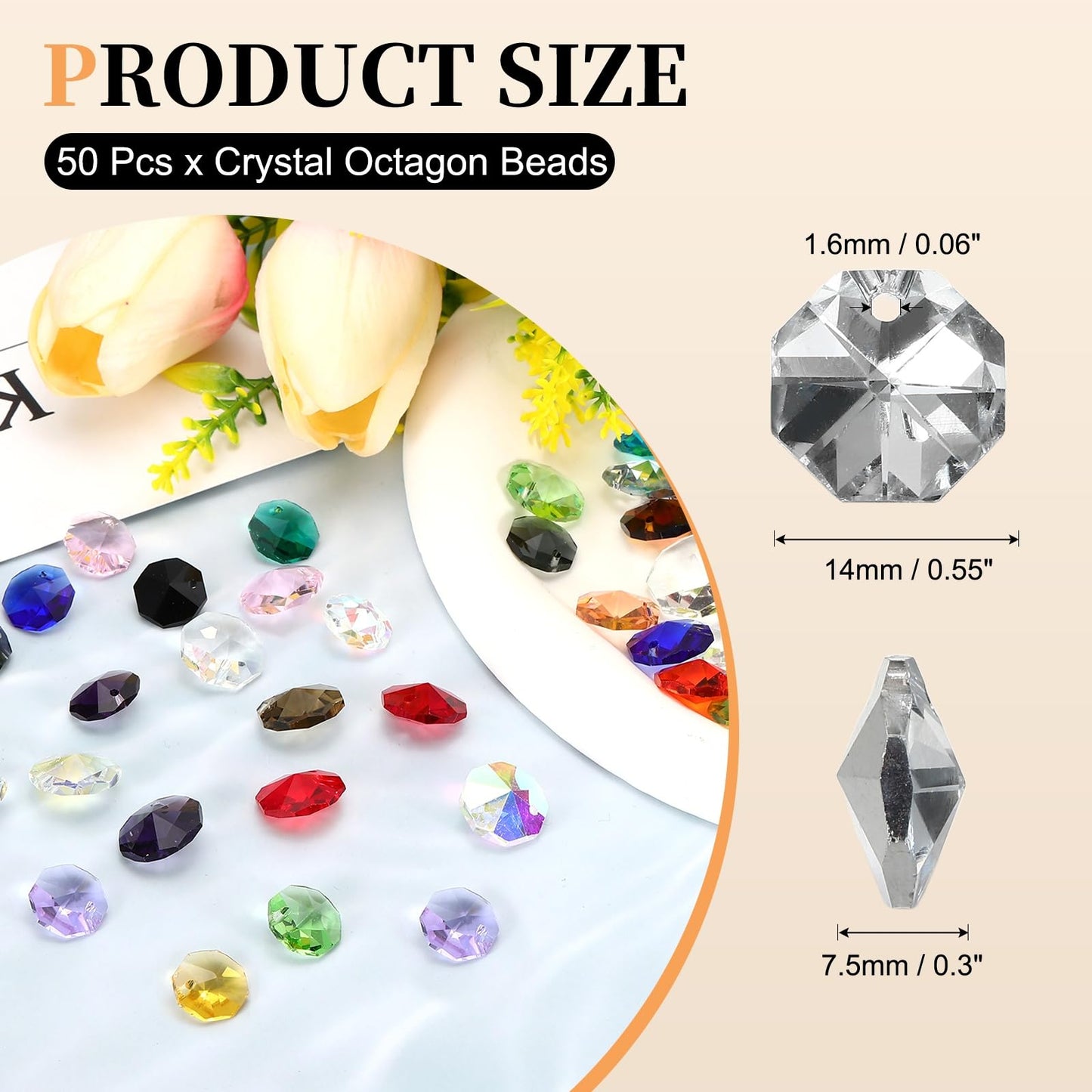 uxcell 50Pcs 1 Hole Crystal Octagon Beads, 14mm K9 Glass Hanging Chandelier Beads Prisms Parts for Crystal Chandeliers Lamp Hanging Pendant Jewelry DIY Craft, Silver Tone