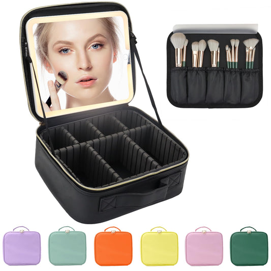 MORMID Makeup Bag with Led Mirror,Large Vanity Makeup Cases with 3 Color Setting,Portable Storage and Adjustable Dividers,for Women and Makeup Artists Cosmetic Organizer Travel Makeup Bag-Black