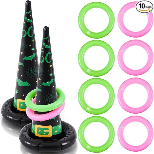 Leitee 10 Pcs Halloween Inflatable Witch Hat Ring Toss Game Set Carnival Pink and Green Inflatable Ring Toss Games Toys for Witch Themed Birthday Party Decoration Indoors Outdoors