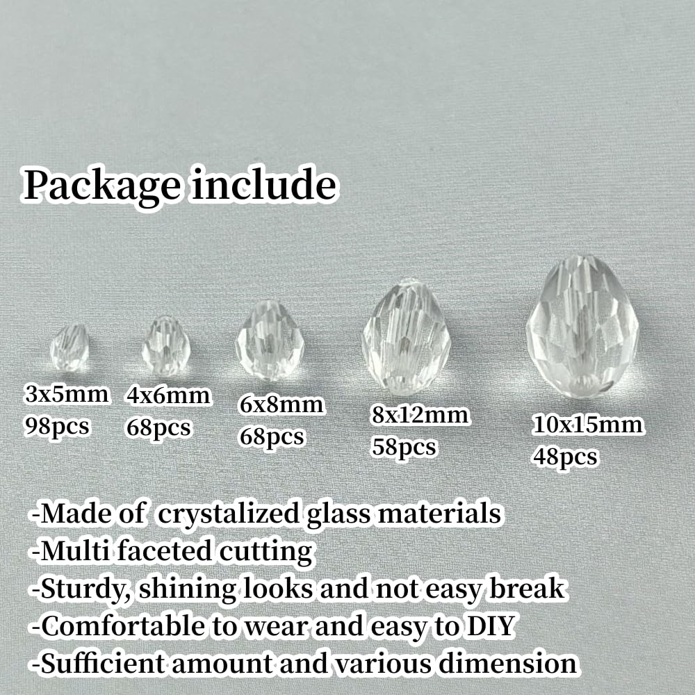 Xinhongo 340pcs Teardrop Crystal Glass Beads 3x5mm 4x6mm 6x8mm 8x12mm 10x15mm Vertical Hole Faceted Glass Spacer Beads for Necklace Bracelet Earrings DIY Jewelry Crafts(Transparent)
