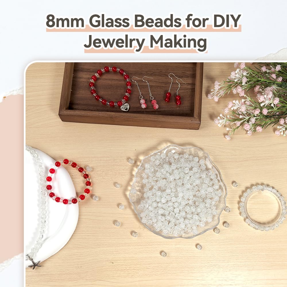 PAMIR TONG 400pcs 8mm Round Glass Beads for Bracelet Pretty Smooth Loose Beads for Necklace-Earring-Jewelry Making and DIY Crafts (Crackle White)