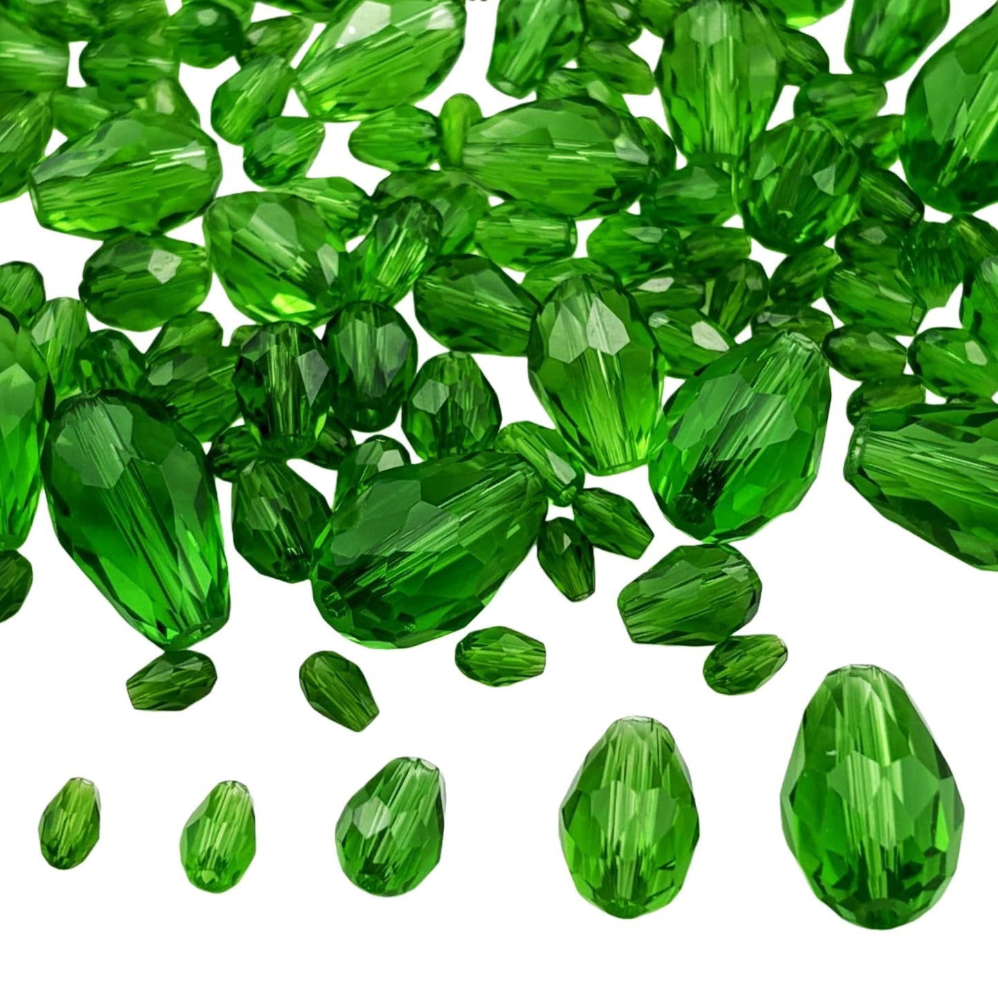 Xinhongo 340pcs Teardrop Crystal Glass Beads 3x5mm 4x6mm 6x8mm 8x12mm 10x15mm Vertical Hole Faceted Glass Spacer Beads for Necklace Bracelet Earrings DIY Jewelry Crafts(Grass Green)