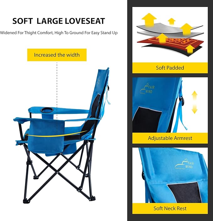 FAIR WIND Oversized Padded Camping Chair with Footrest Stool Set Heavy Duty Support 300 LBS Cooler Bag Chair - Black