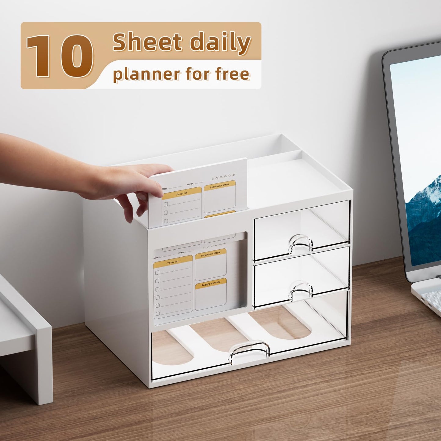 Marbrasse Desk Organizer with 3 Drawer, Multi-Functional Pencil Pen Holder for Desk, Desk Organizers and Accessories with 4 Compartments, Desktop Organizer Storage for Office Home Art Supplies (White)