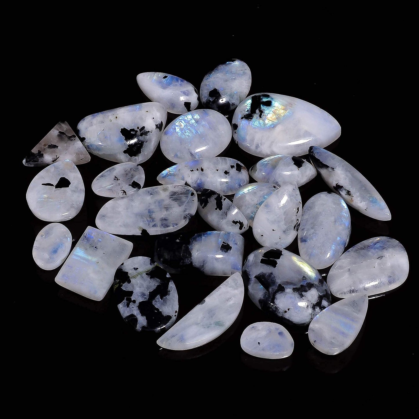 GEMKORA 4 to 5pcs Natural Tourmilated Rainbow Moonstone Crystal Wholesale Lot, June Birthstone, Cabochon Gemstone, Jewelry Making Supplies, Blue Sheen, Natural Mineral, Chakra Healing