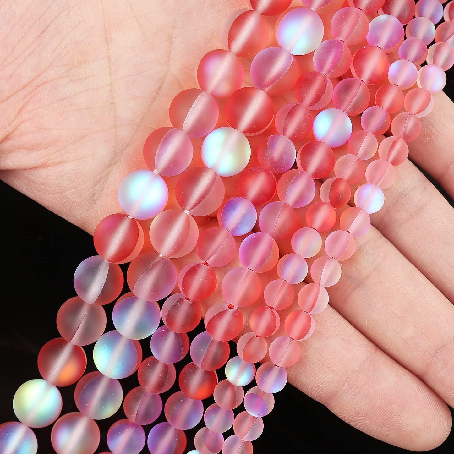 Matte Red Aurora Crystal Glass Beads, 8MM Frosted Glitter Shining Mermaid Round Loose Beads, Rainbow Holographic Synthetic Moonstone for Jewelry Making DIY Bracelet