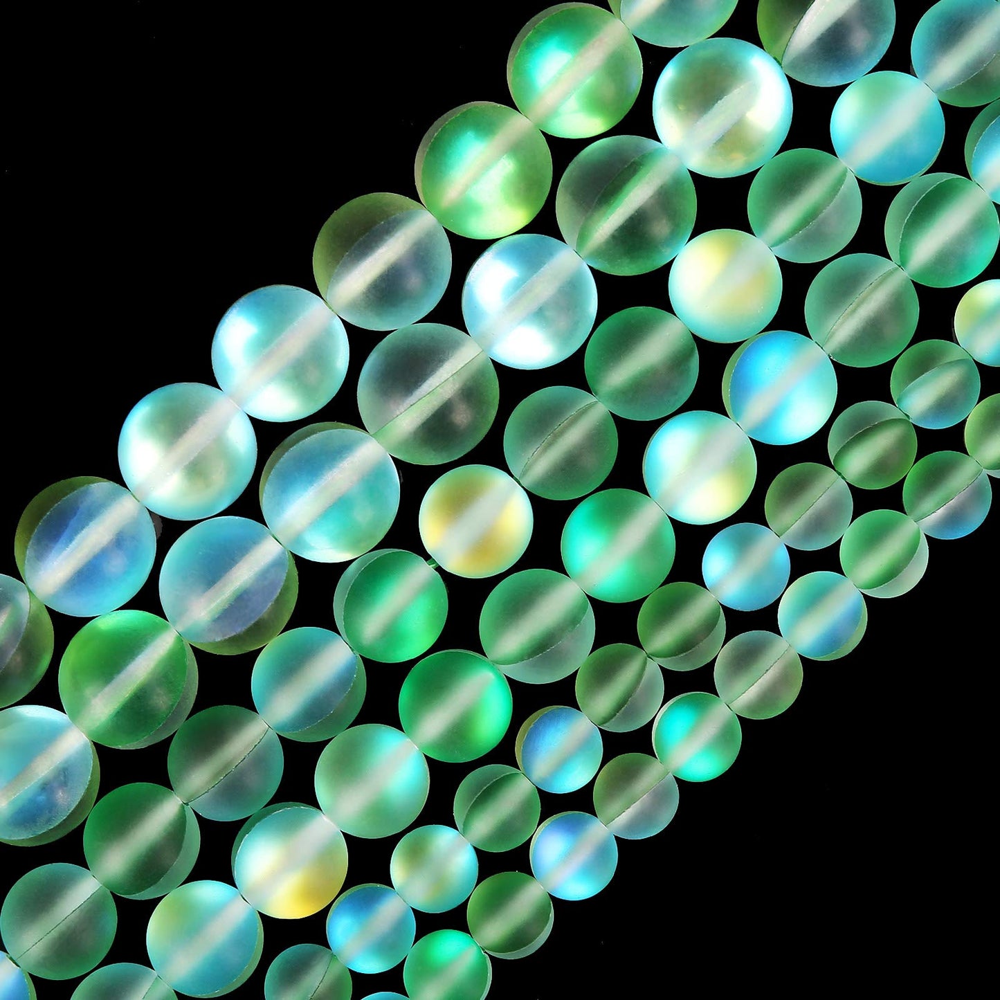 Matte Green Aurora Crystal Glass Beads, 6MM Frosted Glitter Shining Mermaid Round Loose Beads, Rainbow Holographic Synthetic Moonstone for Jewelry Making DIY Bracelet