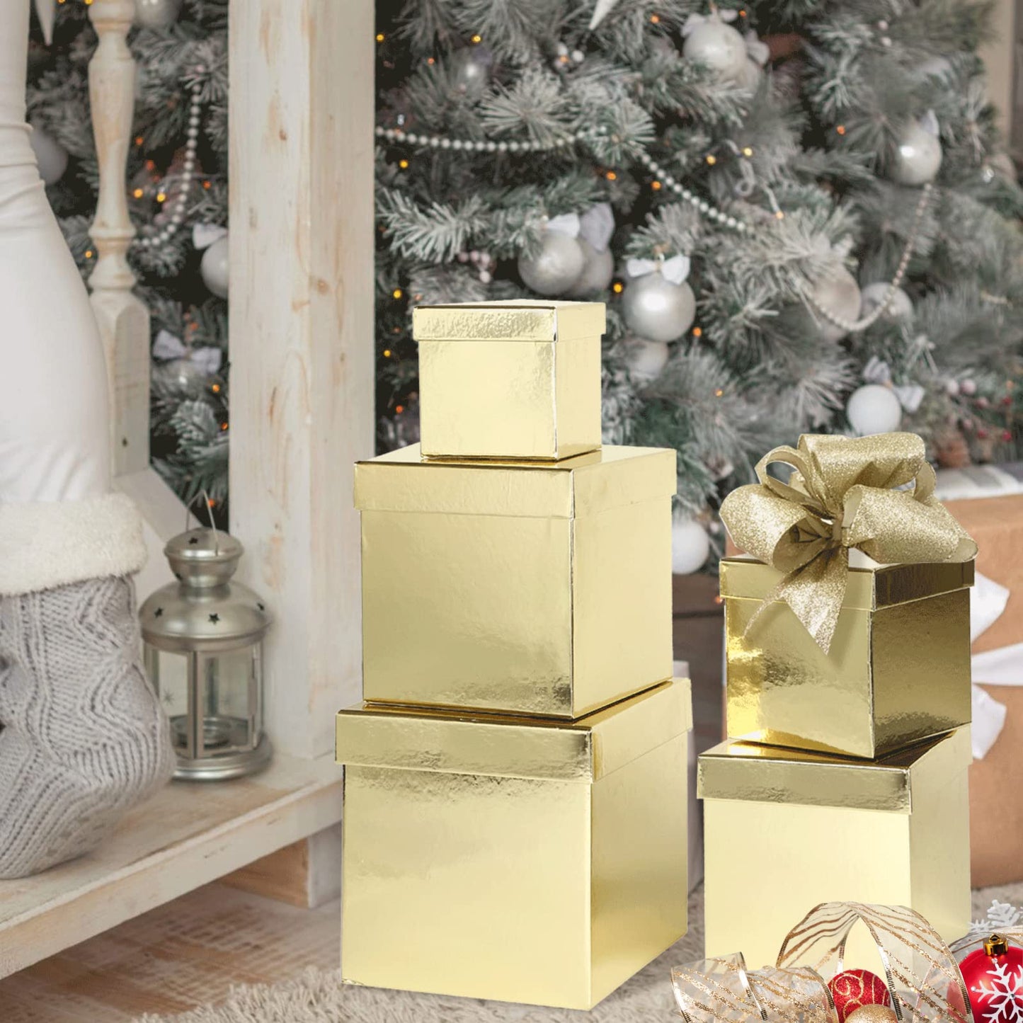 UNIQOOO 5PCS Metallic Gold Nesting Gift Boxes Set, Square Cardboard Storage Organizer Keepsake Box with Lid Durable Reusable, for Gift Wrapping Holiday Presents Christmas Birthday, Assorted Size
