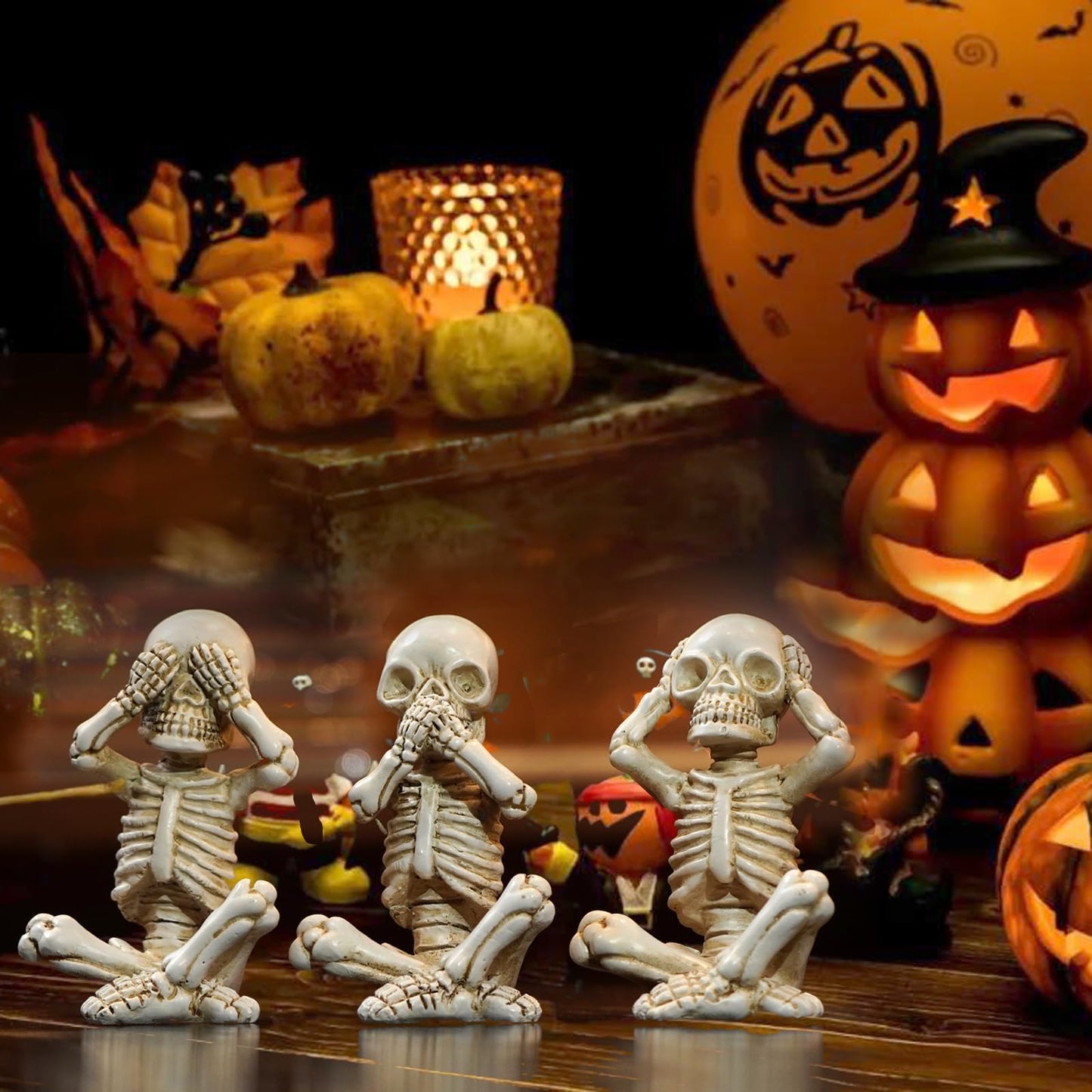 OwMell Set of 3 Skeletons Statue, Yoga Skull Figurine, Hear See Speak No Evil Statue Figurine, Halloween Gothic Home Decor - No Evil