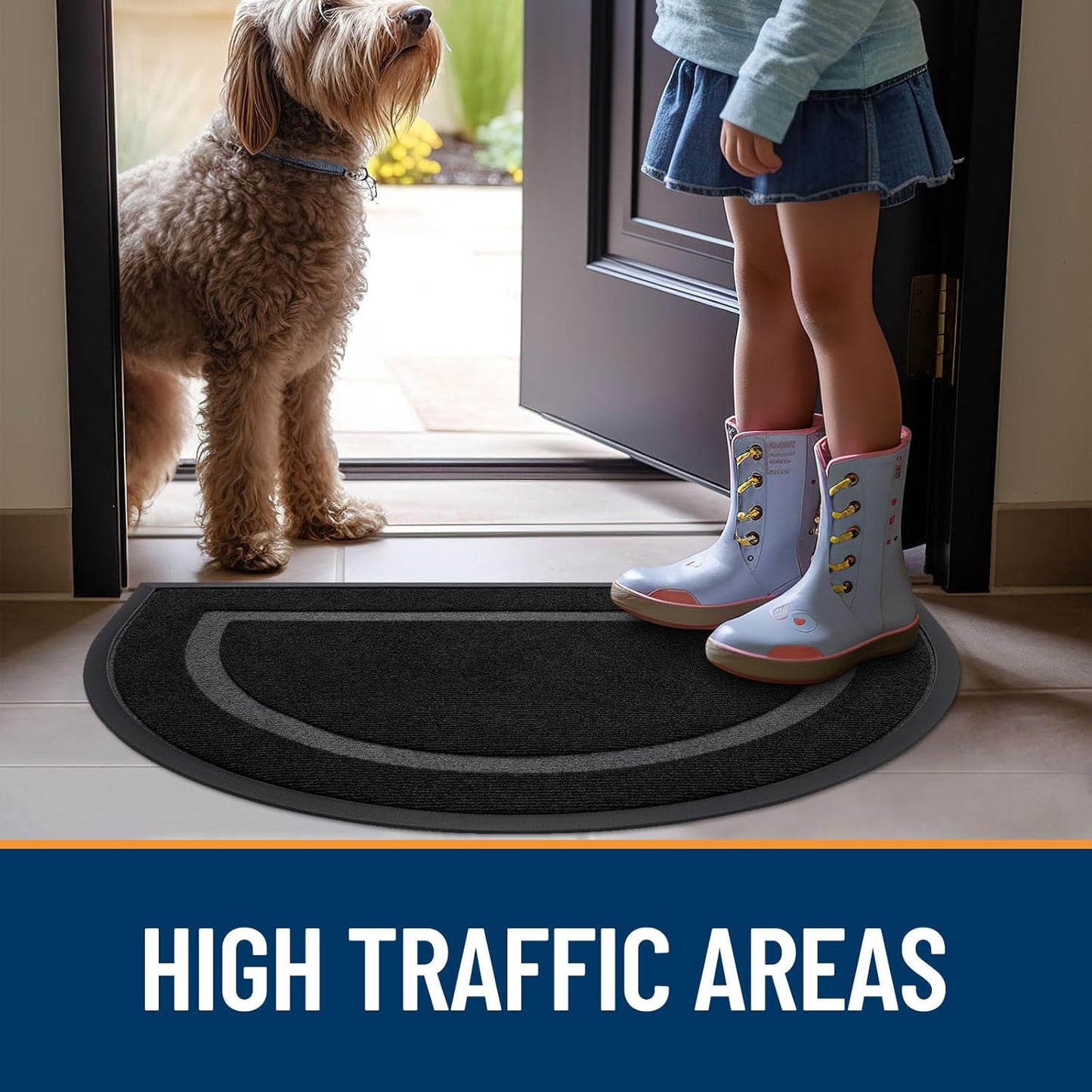 OLANLY Half Circle Door Mat - Waterproof All-Season Welcome Mat | Sturdy Natural Rubber, 29.5x17, Black