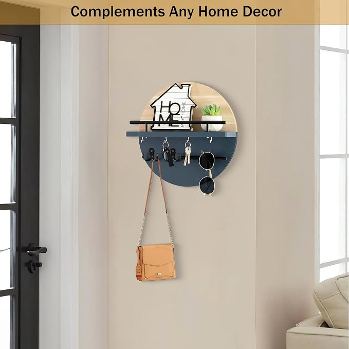 dreampossible Key Holder for Wall Decorative with Shelf and Hooks, Mail Organizer Wall Mount with Sunglasses Holder, Circular Design Entryway Key Rack Hanger, Rustic Home Decor