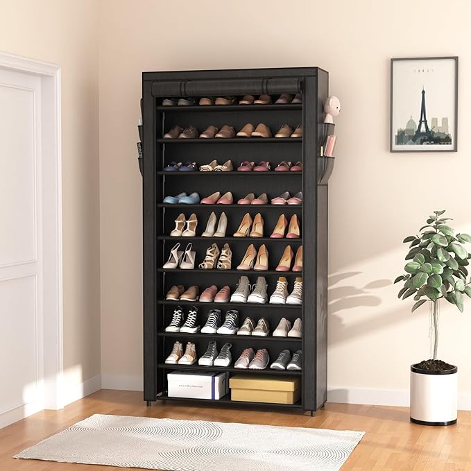 ROJASOP 10 Tier Shoe Rack with Covers,Large Capacity Stackable Tall Shoe Shelf Storage to 50-55 Pairs Shoes and Boots Sturdy Metal Free Standing Shoe Rack Organizer for Closet Entryway Garage
