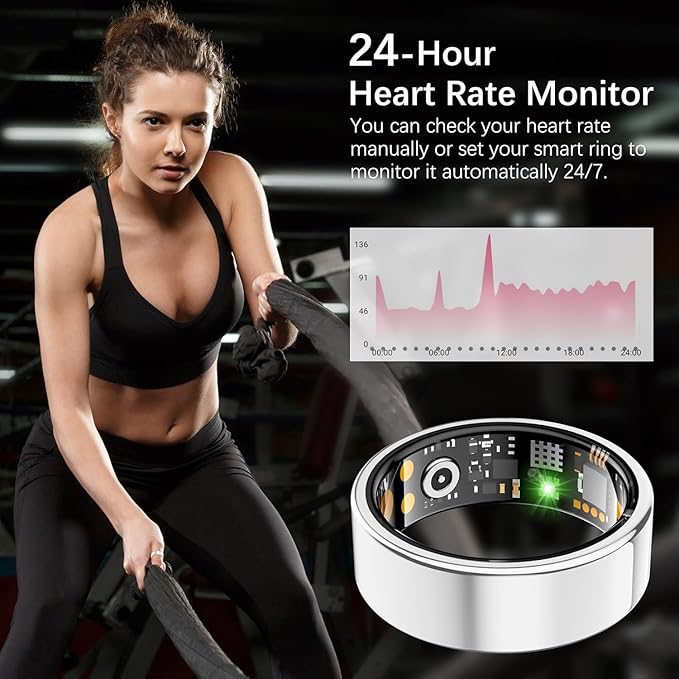 Ring Health Tracker for Women Men, Fit Ring with Heart Rate, Blood Oxygen, Sleep Monitor, Calories, Step Counter, IP68 Waterproof Smart Ring for iPhone & Android, No Subscription Fee (Silver, 11#)
