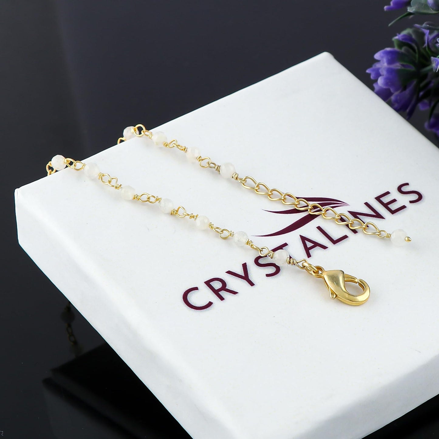 CRYSTALINES Natural White Moonstone Gemstone Cluster Bracelet, 14K Gold Plated Rosary Chain Beads, Handmade Boho Women Jewelry, Healing Crystals, June Birthstone, Christmas Gift (Size. 7+1inch)
