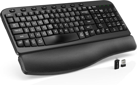SABLUTE 2.4GHz Wireless Keyboard, Ergonomic Wave Keyboards with Cushioned Wrist Rest, USB Computer Wave Key Board