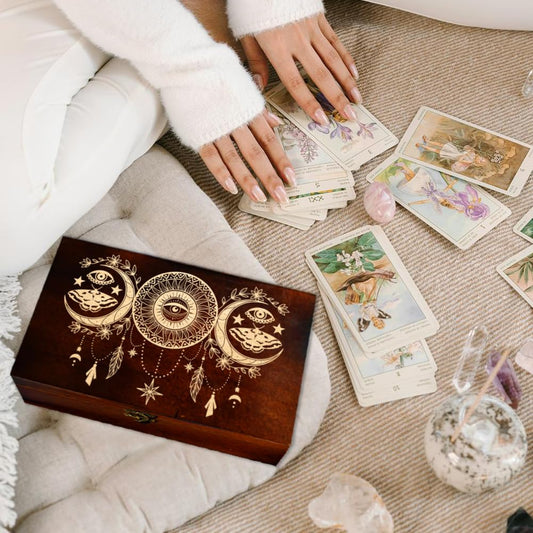 arricraft 1 Pc Wooden Memorial Storage Box, Sun and Moon Evil Eye Dreamcatcher Stars Flowers Pattern Rectangle Pine Photo Box for Anniversary Jewelry Board Storage (9.45x5.51x3.54 Inch)