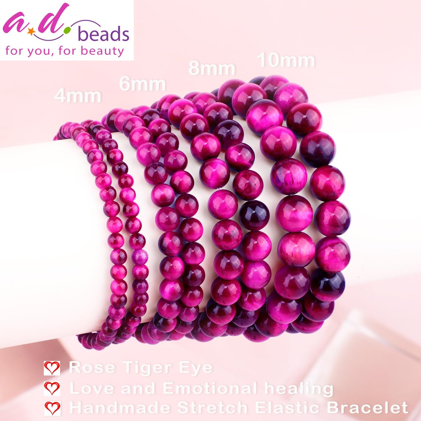 AD Beads 10mm Handmade Rose Tiger Eye Elastic Bracelet – Natural Gemstone for Love,emotional healing. – Meditation, Yoga, Healing and Energy Gift for Men Women