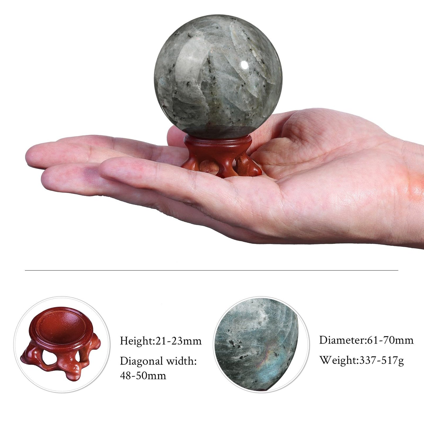 TUMBEELLUWA Labradorite Crystal Ball with Stand for Fortune Teller Witchcraft Divination, Decorative Gemstone Sphere for Home Decor, 61-70 mm