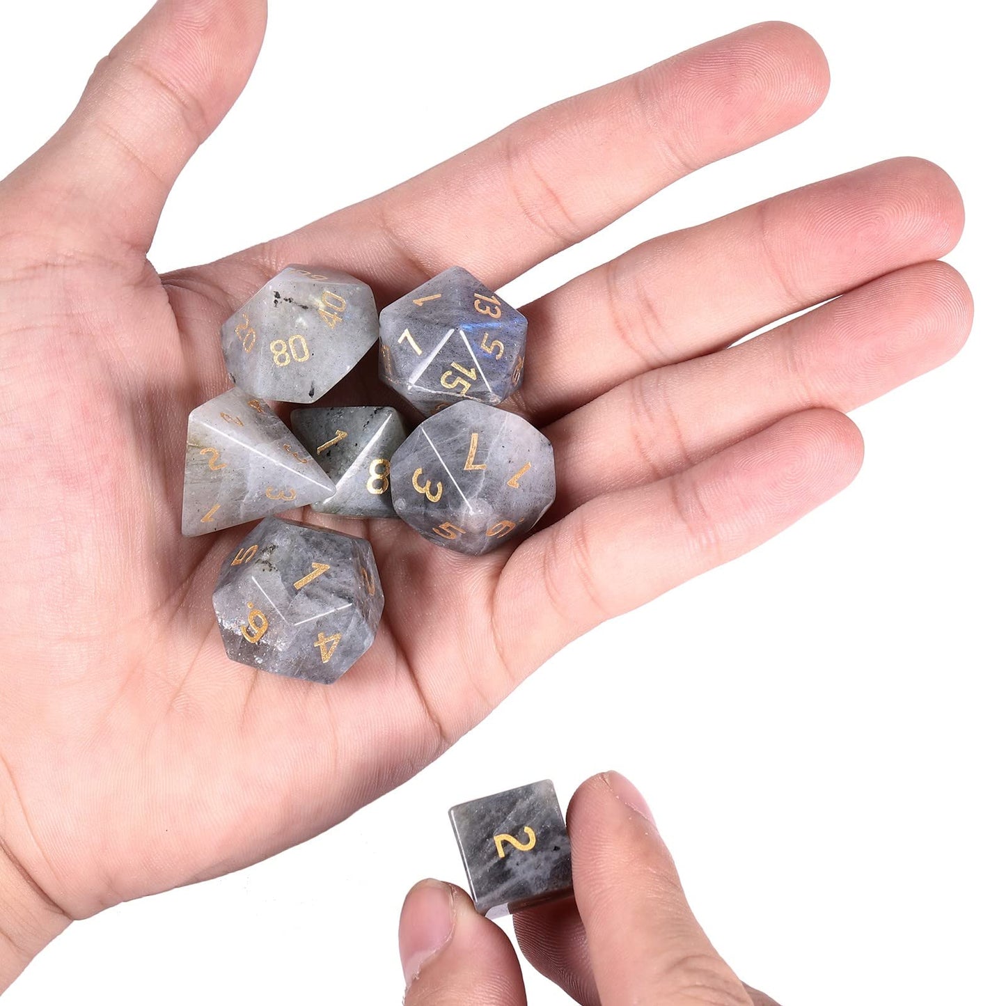 mookaitedecor 7 PCS Labradorite Crystal Polyhedral DND Dice Set, Polished Tumbled Stones Dices for RPG MTG Table Games Home Decoration