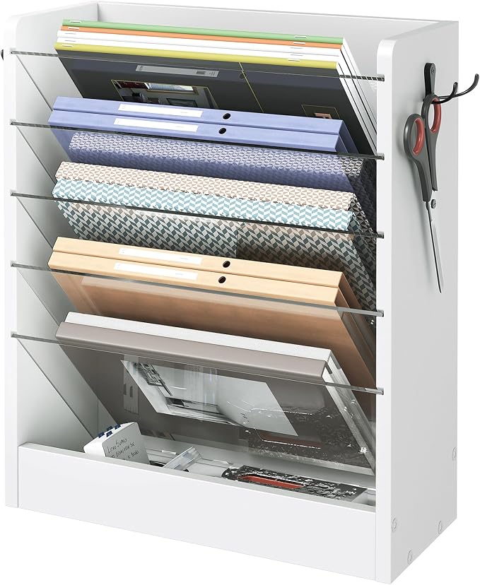 CHOEZON Wall File Holder, 6-Tier File Organizer, Office Supplies Storage Rack, Versatile Desktop Organizer, with Detachable Shelves, with Side Hooks, for Living Room, Study, Home Office, White MWJ02WB