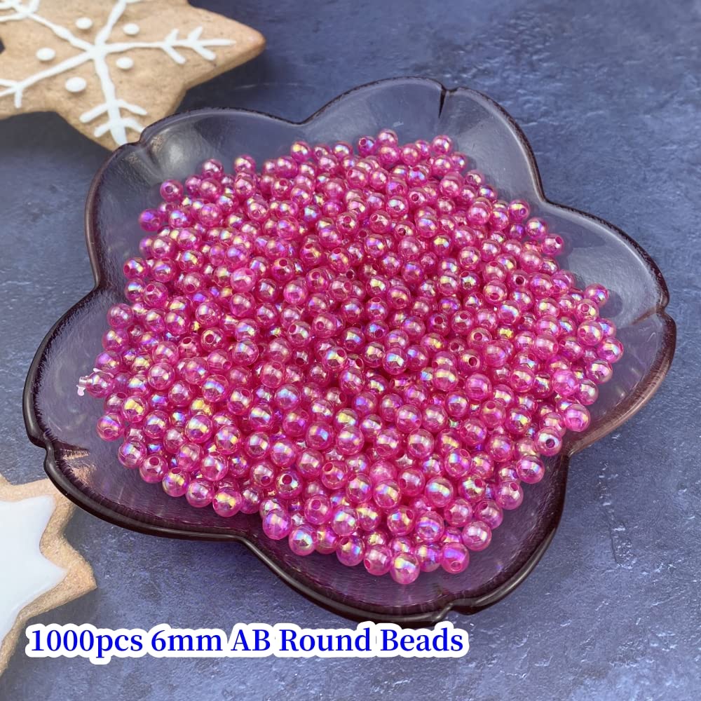 1000 Pcs 6mm Acrylic Round Beads AB Colors Round Spacer Beads for Earring Bracelet Necklace Key Chains Jewelry DIY Craft Making(Rose Red AB)