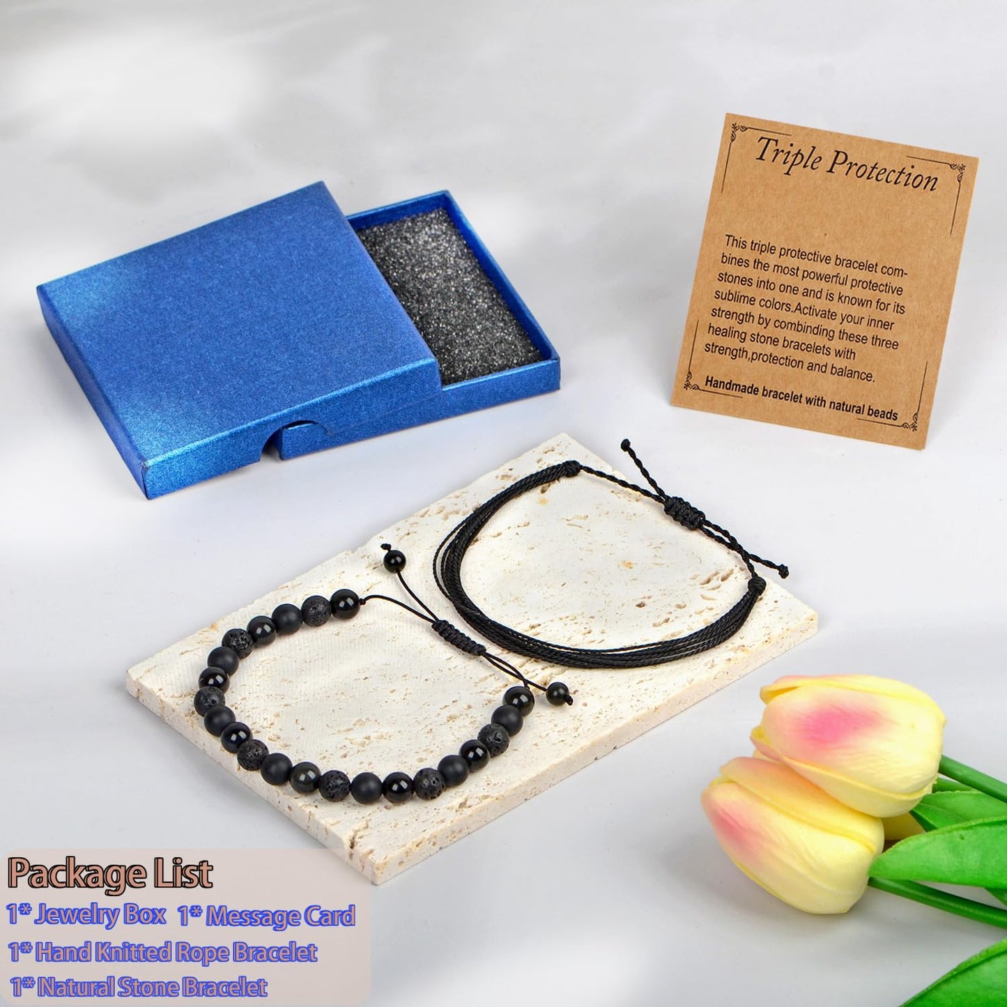 LPBeads 8mm Onyx Lava Obsidian Mixed stone Bracelet with Handmade Rope Bracelet Size Adjustable Natural Stone Crystal Healing Bracelets Gifts for Unisex Adults
