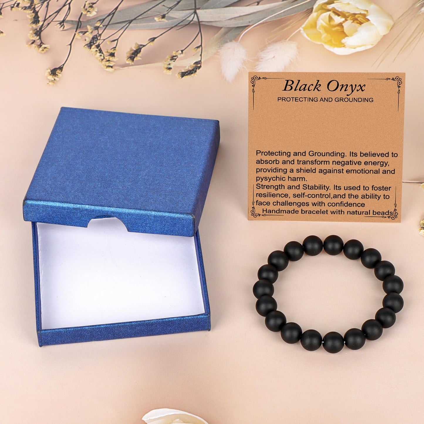LPBeads Handmade Natural Gemstone Stretch Elastic 10mm Matte Black Onyx Bracelet Healing Crystal Round Stone Beads Jewelry Gifts for Women Men