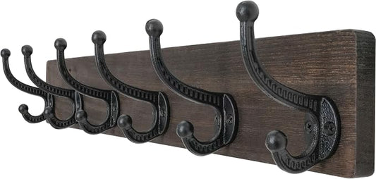 WEBI Rustic Coat Rack Wall Mount,24" Long 6 Cast Iron Coat Hooks Wall Mounted,Heavy Duty Wood Wall Coat Hanger Hooks for Hanging Coats,Jacket,Clothes,Backpack,Farmhouse,Weathered Brown