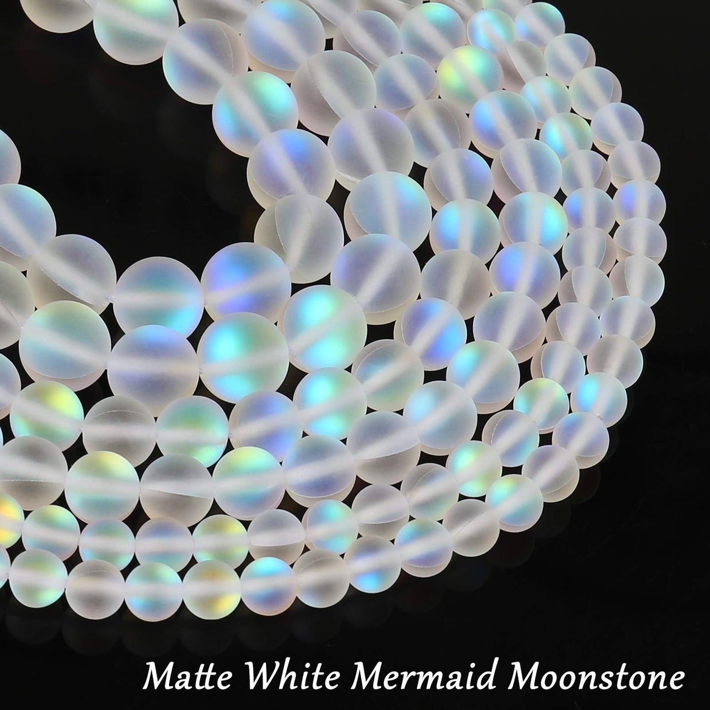 Matte White Aurora Crystal Glass Beads, 6MM Frosted Glitter Shining Mermaid Round Loose Beads, Rainbow Holographic Synthetic Moonstone for Jewelry Making DIY Bracelet
