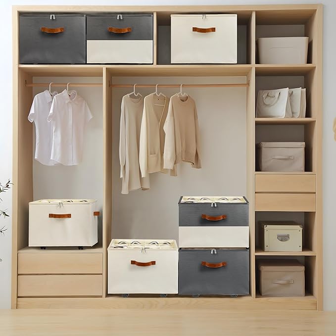 Shoe Organizer for Closet, Shoe Storage Organizer with Wheels and Adjustable Divider, Stackable Shoe Storage Box with Clear Cover, Foldable Closet Shoe Organizer Fits up to 16-32 Pairs, Gray and Beige