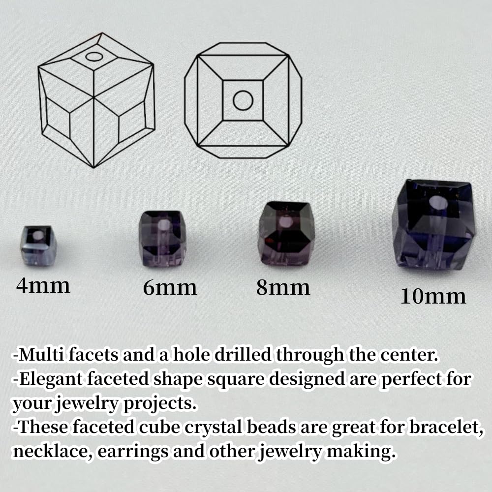 YUEXIGO 200pcs 4mm Cube Crystal Glass Beads for Jewelry Making Faceted Square Crystal Glass Bead Spacer Beads Loose Beads for Bracelet Earring Necklace DIY Craft(Violet)
