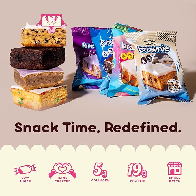 Prime Bites Protein Brownie, High Protein, Collagen Fortified Low Sugar Treat, Delicious Snack - 12 Bars per Box (Birthday Cake Blondie)