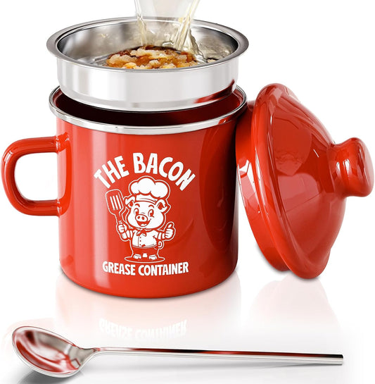 PGYARD Mini Bacon Grease Saver - 15oz Enamel Container with Strainer | Farmhouse Kitchen Fat Keeper, Dishwasher Safe - Red